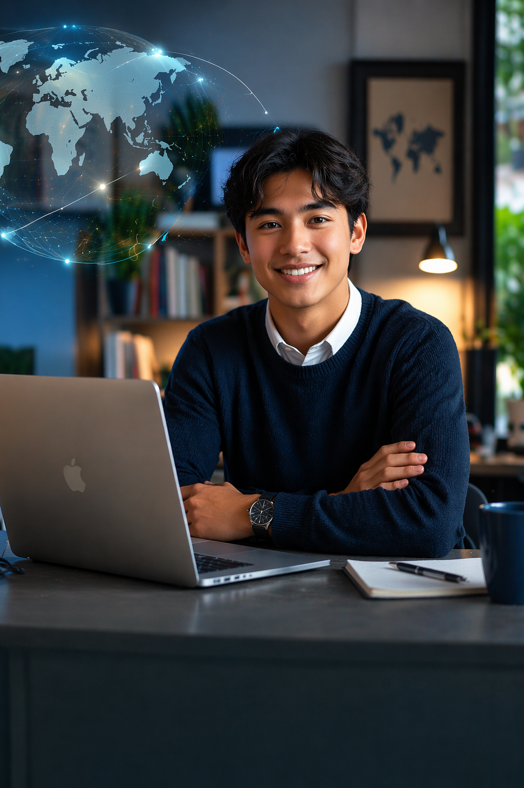 Confident student connecting globally